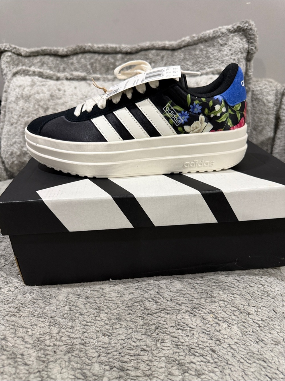 adidas Black Floral Platform Sneakers with White Stripes and Blue Heel Tab